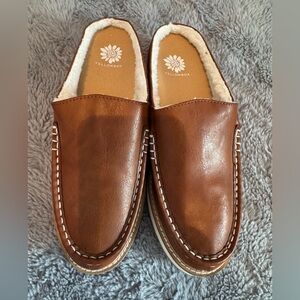 Yellow box faux fur lined mules